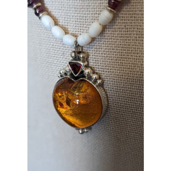 DEL Sterling Amber Heart Amber Garnet Freshwater Pearl Pendant Necklace - Picture 4 of 12